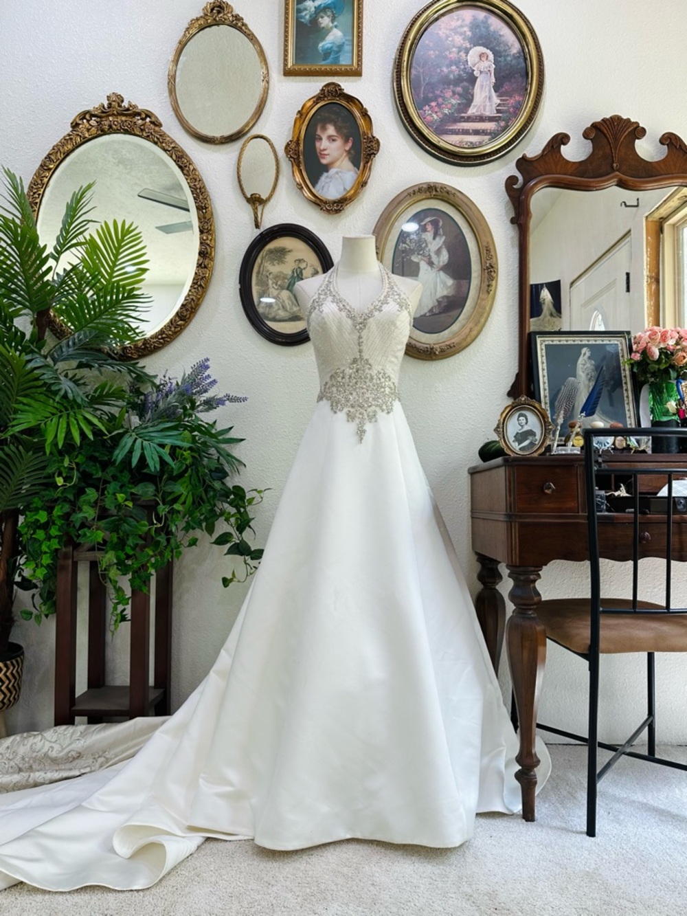 Allure Bridals Ivory Satin A-Line Wedding Gown with Beaded Bodice